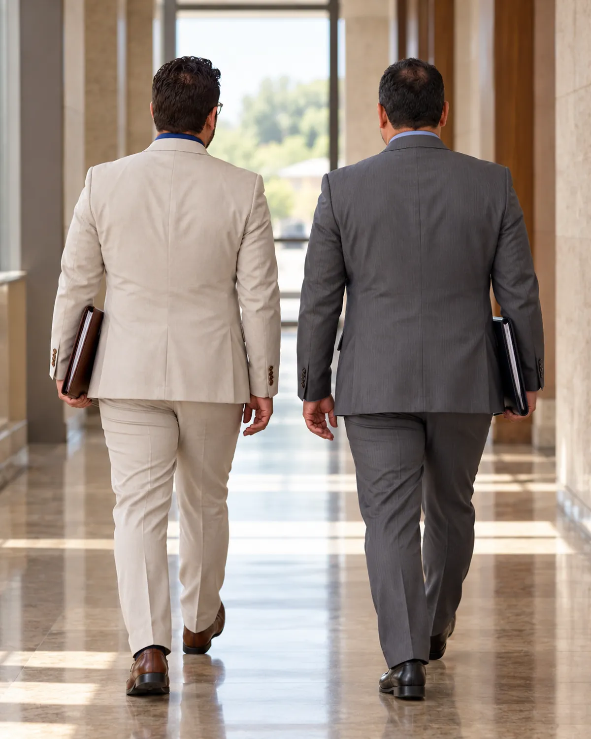 Abogados de De Iure caminando por un pasillo de los juzgados de Puebla