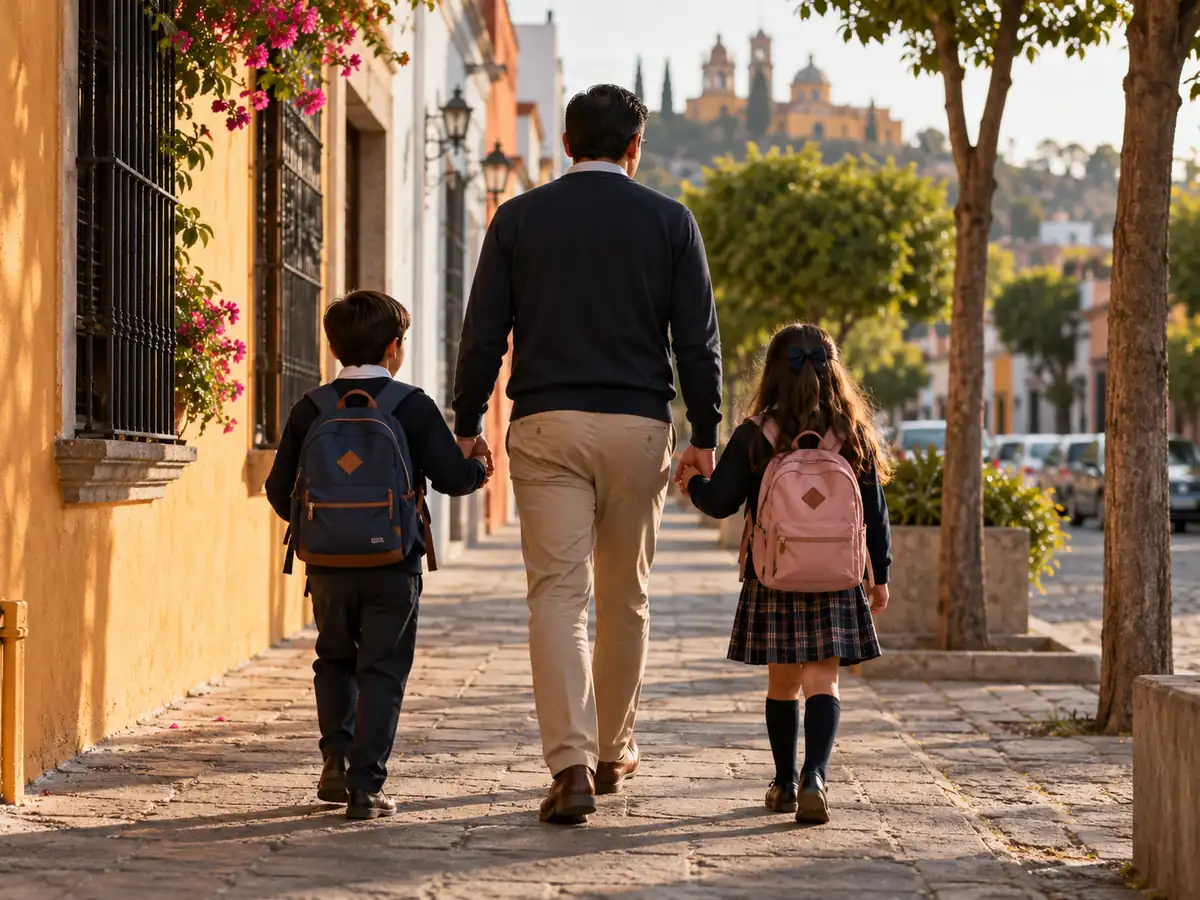 Familia caminando de la mano por una calle de Puebla