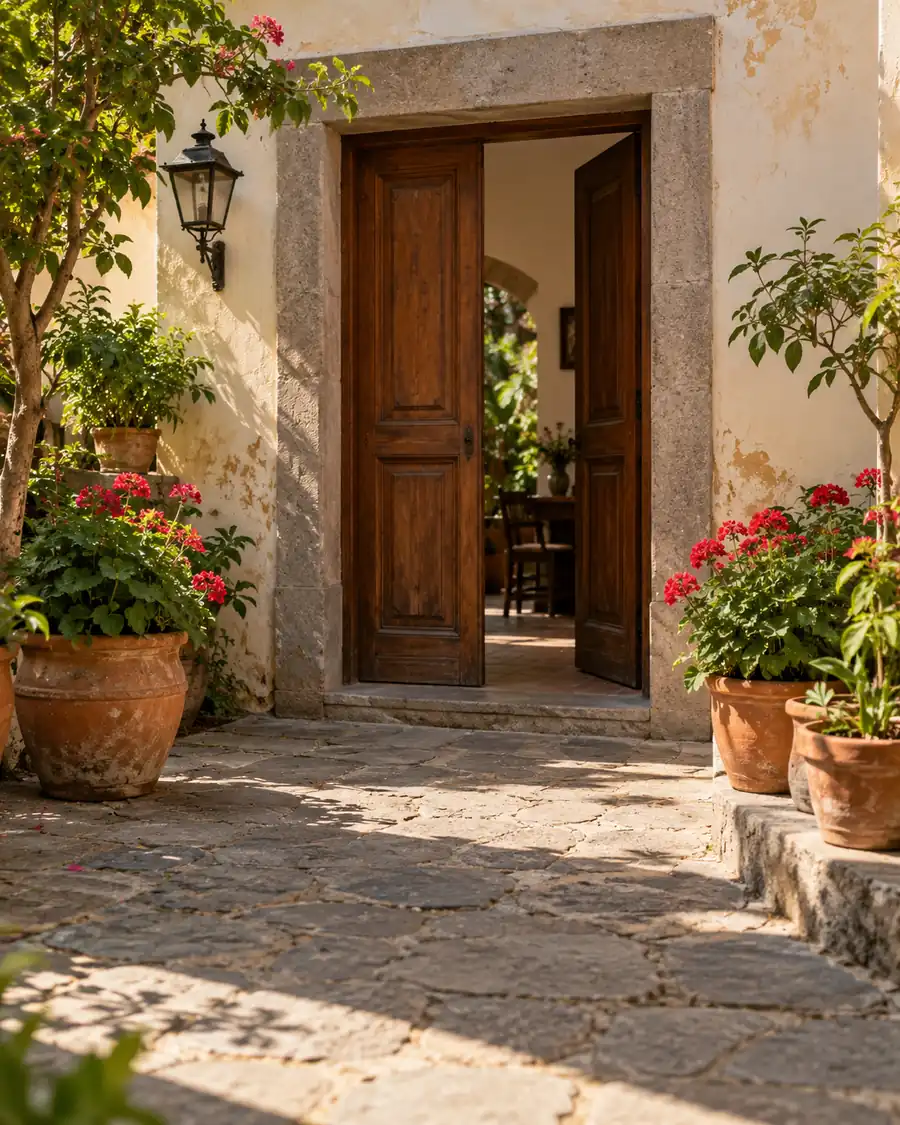 Patio de una casa familiar antigua con plantas y puerta de madera